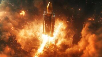 A powerful rocket is lifting off from a launch pad as flames and smoke erupt from its engines, illustrating the intense force of propulsion during a spaceflight launch event under night skies. photo