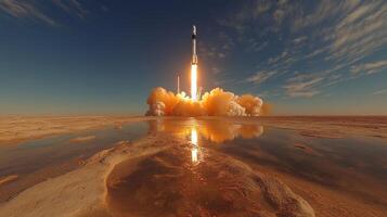 A rocket lifts off from a barren landscape, producing a massive plume of smoke and fire as it ascends towards the sky, showcasing advancements in aerospace engineering and space exploration. photo