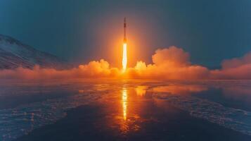 A rocket is lifting off from its launch pad during twilight, with bright flames and smoke trailing behind. The reflection of the launch is visible on the frozen surface of the water. photo