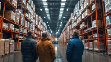 Three individuals stand in a spacious warehouse, closely examining the organized shelves filled with boxes and products in a logistics hub focused on inventory management. photo