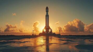 Rocket stands tall on the launchpad as the sun sets, illuminating the clouds with a warm glow while highlighting the advancements in spaceflight and recovery systems. photo
