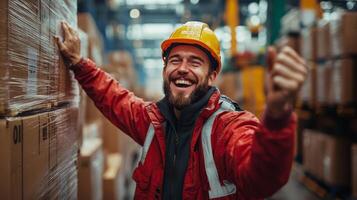 A warehouse worker wearing a hard hat expresses joy and enthusiasm after achieving a productive day managing inventory. Surrounding him are organized stacks of boxes, highlighting efficient storage. photo