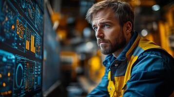 A logistics expert reviews critical inventory information on a high tech display within a busy warehouse environment focused on efficient distribution and shipping operations. photo