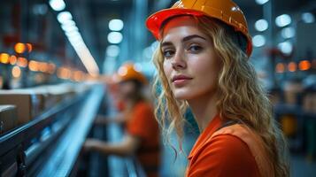 A woman wearing an orange safety helmet looks directly at the camera while engaged in sorting tasks alongside other workers in a busy warehouse environment. photo