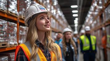 Logistics professionals in safety gear assess inventory levels in a busy warehouse distribution hub with organized storage racks and focused expressions. photo