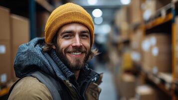 A cheerful person wearing a yellow beanie stands in a large warehouse with shelves filled with boxes while overseeing the distribution process. photo