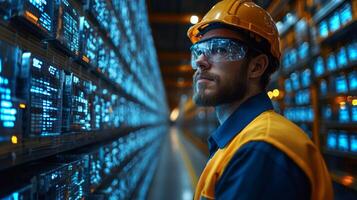 In a large logistics warehouse, a worker wearing safety gear closely monitors the inventory management system while standing between rows of stored items. photo