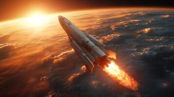 A rocket ascends into the sky, equipped with powerful boosters igniting retropropulsion flames. The sun sets on the horizon, illuminating clouds beneath the spacecraft. photo