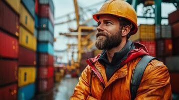 A worker in bright safety gear stands confidently among colorful shipping containers at a distribution hub. Rain falls as logistics activities continue around him. photo