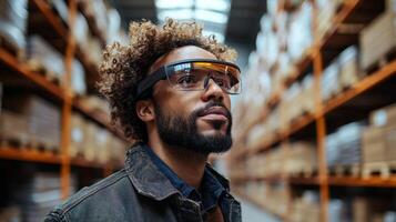 A worker wears augmented reality glasses to enhance efficiency while overseeing inventory in a bustling warehouse filled with shelves of stock and goods. photo