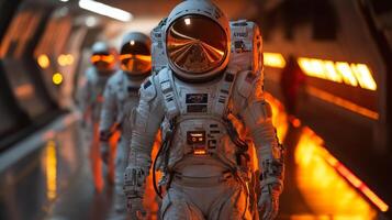 A group of astronauts walks purposefully down a corridor illuminated by orange lights, gearing up for an upcoming space mission that showcases human ingenuity in aerospace advancements. photo