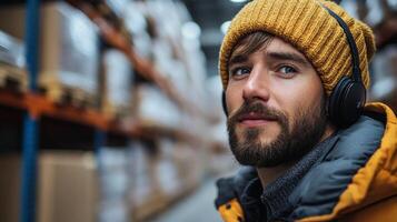 A warehouse worker wears a yellow beanie and headphones, focused on tasks related to inventory management in a large distribution center filled with stock. photo