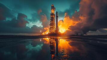A rocket stands poised for launch as bright flames erupt from its engines, producing clouds of smoke against a colorful sky at dawn, reflecting in nearby water. photo