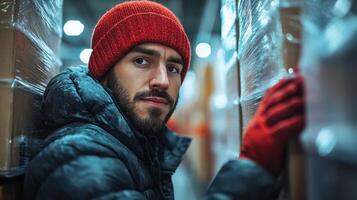 A warehouse worker in a red beanie and gloves examines packages amid dim lighting. The focus is on efficient sorting and inventory management in a busy logistics hub. photo