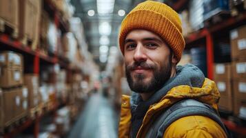 A worker confidently oversees inventory in a spacious warehouse filled with shelves of packed boxes. Bright lighting and organized aisles create an efficient logistics space. photo