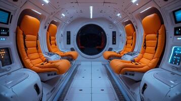 Bright orange seating fills the interior of a modern space capsule, designed for safe crew transport during missions. Control panels enhance the spacecraft's operational capability. photo