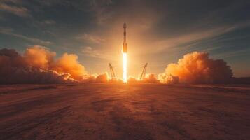 A rocket is ascending rapidly with strong engines ignited, leaving behind a trail of smoke and clouds as it embarks on a spaceflight mission at dawn. photo