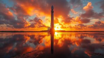 Rocket stands ready for launch, silhouetted against a vibrant sunset. The colorful sky reflects in the still waters, creating a breathtaking atmosphere at the launch site. photo