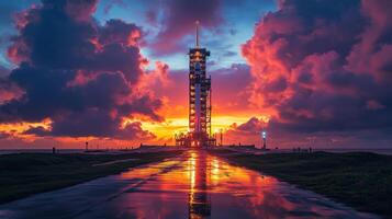 A striking launch pad stands tall against a vivid sunset, surrounded by colorful clouds and reflecting light on the wet pathway leading towards the ocean. photo