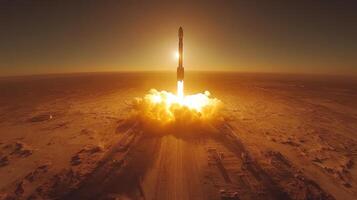 A rocket ignites its engines at dawn, producing a brilliant plume of flames as it ascends into the sky, marking an important milestone in space exploration and aerospace technology. photo