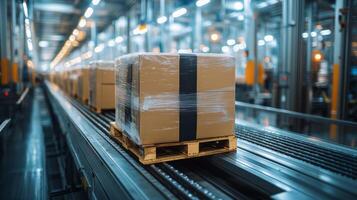 Wrapped boxes on a pallet, progress along a conveyor system in a busy warehouse focused on efficient inventory management and distribution operations at a logistics facility. photo