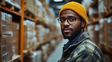 A logistics expert organizes inventory in a warehouse, emphasizing efficient sorting and fulfillment processes while wearing a yellow beanie and glasses. photo