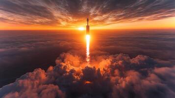 A rocket launches into the orange and purple sky at sunset, piercing through clouds with intense propulsion, illustrating the marvels of space exploration and recovery methods. photo