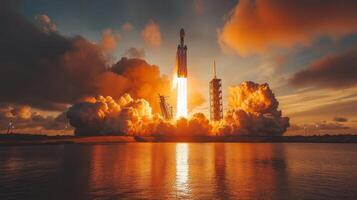 A powerful rocket lifts off from its launch pad, leaving a trail of flames and smoke against a stunning sunset backdrop. The scene highlights aerospace innovation and the excitement of spaceflight. photo