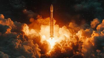 A powerful rocket lifts off from the launch pad, igniting its engines and creating a bright plume of fire and smoke against the night sky filled with stars. photo