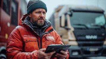 A logistics professional stands outside a warehouse in cold weather, holding a tablet while monitoring inventory and shipment activities in a distribution hub. photo