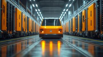 Inside a spacious warehouse, automated vehicles are positioned between rows of storage units, facilitating efficient sorting and distribution of inventory during peak hours. photo