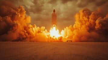Bright flames and thick smoke erupt from a rocket as it lifts off from the launchpad, heading into the cloudy sky, showcasing the power of propulsion and the excitement of space exploration. photo