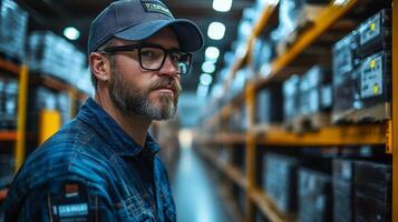 A logistics worker is sorting and managing inventory in a spacious warehouse filled with shelves of boxes. The setting shows a busy distribution hub focusing on efficiency. photo