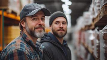 Two warehouse workers smile while standing between shelves filled with stacked products. They are actively involved in sorting and managing inventory in the bustling logistics center. photo