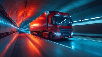 A bright red delivery truck moves swiftly through a colorful lit tunnel at night, showcasing efficient transport practices in the logistics industry while emphasizing freight operations. photo