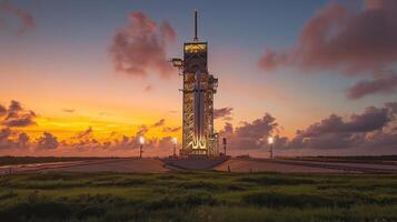 A rocket launch pad stands tall against a vibrant sunset, with clouds reflecting oranges and purples, highlighting preparations for upcoming space missions and advancements in aerospace technology. photo