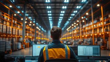 A logistics coordinator is seated at a workstation with multiple screens, overseeing inventory management and planning within a vast warehouse filled with illuminated cargo racks. photo