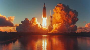 A rocket takes off from the launch pad, igniting the sky with bright flames and thick smoke, reflected in the still waters below during a beautiful sunrise. photo