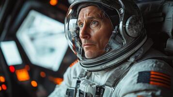 Astronaut focuses intently on controls inside the spacecraft, preparing for an important launch. Systems checks are ongoing as the team readies for the upcoming space mission. photo
