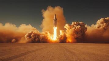 A powerful rocket ascends into the atmosphere from a dry desert facility, evoking awe with its bright flames and dense smoke. The launch highlights advancements in aerospace technology. photo