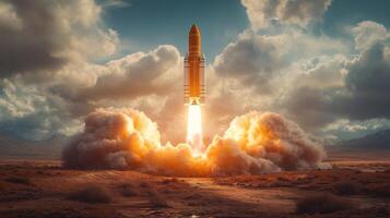 A rocket is ascending high into the atmosphere, powered by intense propulsion. photo
