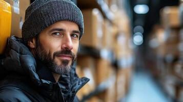 A logistics worker in warm clothing stands near stacked cardboard boxes in a warehouse. The individual appears focused on the ongoing operations and fulfillment tasks. photo