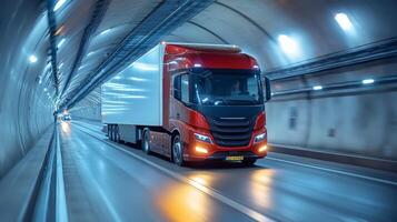 A transport truck moves swiftly through a brightly illuminated tunnel, exemplifying the logistics and distribution process. This nighttime operation highlights efficient freight transport. photo