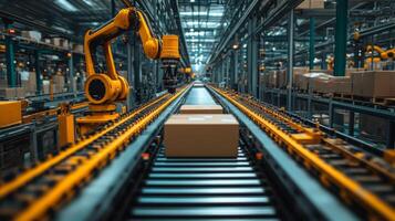 A robotic arm expertly manages packages on a conveyor system within a warehouse. The facility is busy with organized storage, showcasing an advanced logistics operation during working hours. photo