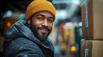 A worker wearing a yellow beanie and jacket smiles while checking inventory in a well organized warehouse, surrounded by neatly stacked boxes and soft, ambient lighting. photo