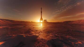 A rocket stands tall against a glowing sunrise, highlighting propulsion systems and recovery mechanisms essential for successful landing and aerobraking operations in space exploration. photo