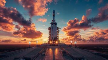 A rocket stands poised on the launch pad at dusk, illuminated by fiery golden lights as the sun sets, symbolizing the future of space exploration and aerospace innovation. photo