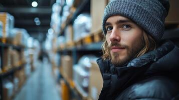 A young man dressed warmly is standing in a warehouse aisle, surrounded by shelves filled with boxes. He appears focused and engaged in the task of organizing inventory. photo