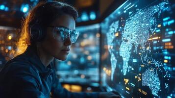 A logistics expert focuses on digital maps and data visualizations while monitoring inventory and distribution processes in a modern control hub equipped with advanced technology. photo