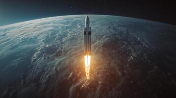 Bright flames propel the rocket into space as it ascends majestically from Earth's surface, showcasing advanced propulsion technology during launch. photo